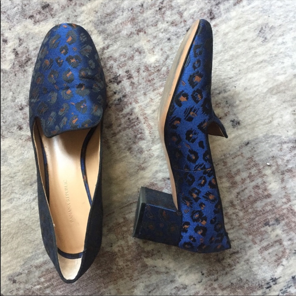 Banana Republic Blue and Black Leopard Jacquard Block Heel Loafers